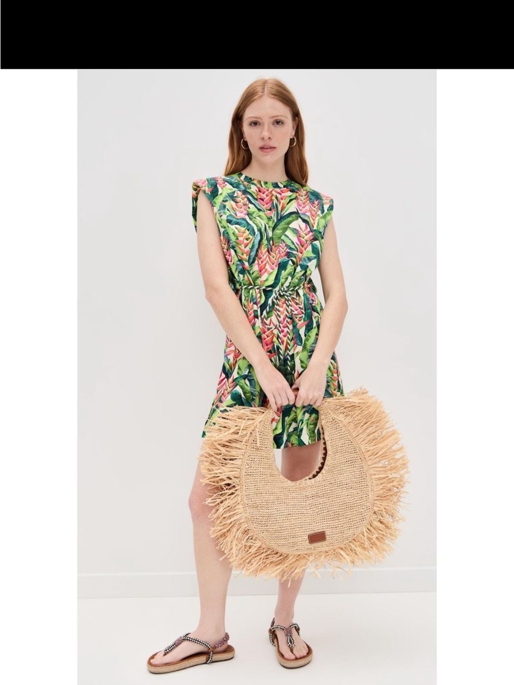 NWT FARM Rio Green and Pink Tropical Leaf Mini Dress ‘Heli Leaves’ print